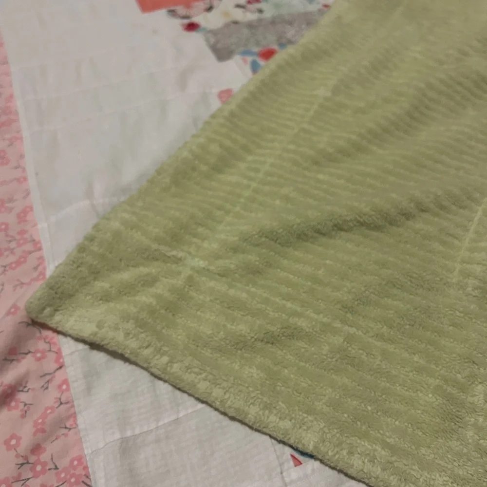 GUC Modern handmade quilt in corals, pinks and greens. Nursery. Needs TLC repair